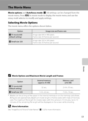 Page 6553
Movies
The Movie Menu
Movie options and Autofocus mode (A54) settings can be changed from the 
movie menu. Press d in movie mode to display the movie menu and use the 
rotary multi selector to modify and apply settings.
Selecting Movie Options
The movie menu offers the options shown below.
CMovie Options and Maximum Movie Length and Frames
* Movies can be as long as free space in the internal memory or on the memory card allows. 
All figures are approximate. Maximum movie length or frames varies with...