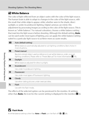 Page 9078
Shooting Options: The Shooting Menu
Shooting, Playback and Setup Menus
B White Balance
The color of light reflected from an object varies with the color of the light source. 
The human brain is able to adapt to changes in the color of the light source, with 
the result that white objects appear white whether seen in the shade, direct 
sunlight, or under incandescent lighting. Digital cameras can mimic this 
adjustment by processing images according to the color of the light source. This is 
known as...