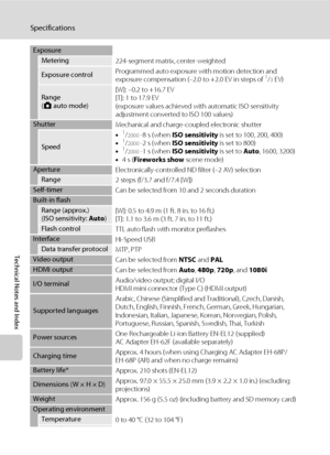 Page 170158
Specifications
Technical Notes and Index
Exposure
Metering
224-segment matrix, center-weighted
Exposure controlProgrammed auto exposure with motion detection and 
exposure compensation (–2.0 to +2.0 EV in steps of 1/3 EV)
Range 
(A auto mode)[W]: –0.2 to +16.7 EV
[T]: 1 to 17.9 EV 
(exposure values achieved with automatic ISO sensitivity 
adjustment converted to ISO 100 values)
Shutter
Mechanical and charge-coupled electronic shutter
Speed•
1/2000 -8 s (when ISO sensitivity is set to 100, 200, 400)...