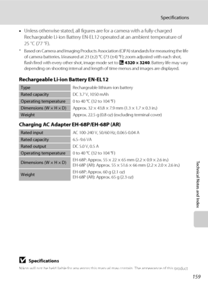 Page 171
159
Specifications
Technical Notes and Index
•Unless otherwise stated, all figures are for a camera with a fully-charged 
Rechargeable Li-ion Battery EN-EL12 op erated at an ambient temperature of 
25 °C (77 °F).
* Based on Camera and Imaging Products Associ ation (CIPA) standards for measuring the life 
of camera batteries. Measured at 23 (±2) °C  (73 (±4) °F); zoom adjusted with each shot, 
flash fired with every othe r shot, image mode set to  R4320 × 3240 . Battery life may vary 
depending on...