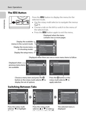 Page 2210
Basic Operations
Introduction
The d Button
Switching Between Tabs
Press the d button to display the menu for the 
selected mode.
•Use the rotary multi selector to navigate the menus 
(A9).
•Choose a tab on the left to switch to the menu of 
the selected tab.
•Press the d button again to exit the menu.
Exit Shooting menu
Image mode
White balance
Metering
Continuous
ISO sensitivity
Color options
Displayed when the menu 
contains two or more pages
Displayed when there are one or more menu items to follow...