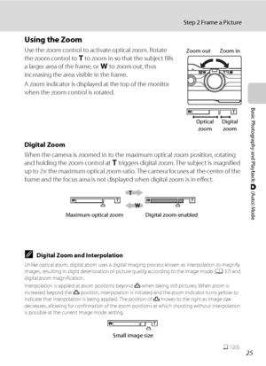 Page 3725
Step 2 Frame a Picture
Basic Photography and Playback: A (Auto) Mode
Using the Zoom
Use the zoom control to activate optical zoom. Rotate 
the zoom control to g to zoom in so that the subject fills 
a larger area of the frame, or f to zoom out, thus 
increasing the area visible in the frame.
A zoom indicator is displayed at the top of the monitor 
when the zoom control is rotated.
Digital Zoom
When the camera is zoomed in to the maximum optical zoom position, rotating 
and holding the zoom control at...