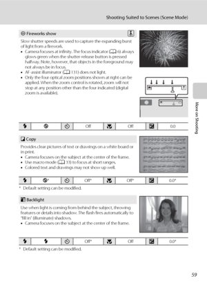 Page 71
59
Shooting Suited to Scenes (Scene Mode)
More on Shooting
* Default setting can be modified.
* Default setting can be modified.
m Fireworks show
Slow shutter speeds are used  to capture the expanding burst 
of light from a firework.
• Camera focuses at infinity. The focus indicator ( A6) always 
glows green when the shutter-release button is pressed 
halfway. Note, however, that  objects in the foreground may 
not always be  in focus.
• AF-assist illuminator ( A131) does not light.
• Only the four...