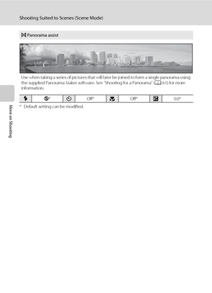 Page 7260
Shooting Suited to Scenes (Scene Mode)
More on Shooting* Default setting can be modified.
p Panorama assist
Use when taking a series of pictures that will later be joined to form a single panorama using 
the supplied Panorama Maker software. See “Shooting for a Panorama” (A61) for more 
information.
mW*nOff*pOff*o0.0*
Downloaded From camera-usermanual.com Nikon Manuals 