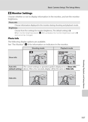 Page 119107
Basic Camera Setup: The Setup Menu
Shooting, Playback, and Setup Menus
e Monitor Settings
Choose whether or not to display information in the monitor, and set the monitor 
brightness.
Photo Info
The following display options are available.
See “The Monitor” (A6) for information on indicators in the monitor.
Photo info
Choose information displayed in the monitor during shooting and playback mode.
Brightness
Choose from five settings for monitor brightness. The default setting is 3.
When monitor...