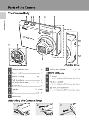 Page 164
Introduction
Parts of the Camera
The Camera Body
Attaching the Camera Strap
12
98
3
10
11
12 45 6
7
Lens cover closed COOLPIX S610c
1Shutter-release button.............................. 26
2Power switch................................................... 15
3Power-on lamp ................................... 22, 112
4Self-timer lamp .............................................. 32
AF-assist illuminator......................... 27, 110
5Built-in flash ........................................................