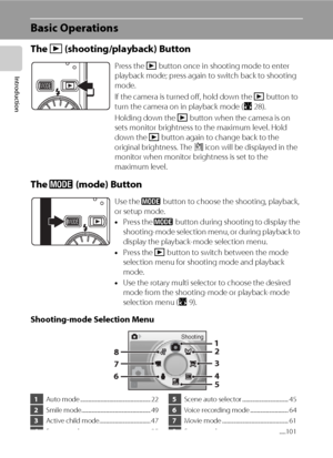 Page 208
Introduction
Basic Operations
The c (shooting/playback) Button
The e (mode) Button
Shooting-mode Selection Menu
Press the c button once in shooting mode to enter 
playback mode; press again to switch back to shooting 
mode. 
If the camera is turned off, hold down the c button to 
turn the camera on in playback mode (A28).
Holding down the c button when the camera is on 
sets monitor brightness to the maximum level. Hold 
down the c button again to change back to the 
original brightness. The b icon...