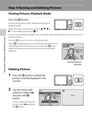 Page 4028
Basic Photography and Playback: Auto Mode
Step 4 Viewing and Deleting Pictures
Viewing Pictures (Playback Mode)
Press the c button.
The last picture taken will be displayed in full-frame 
playback mode.
Rotate the rotary multi selector, or press H, I, J, or 
K, to view additional pictures (A9). 
Pictures may be displayed briefly at low resolution while being read from the memory card or 
internal memory.
Press the c button to switch to shooting mode.
When C is displayed, pictures stored in the...