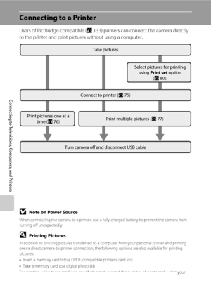 Page 8674
Connecting to Televisions, Computers, and Printers
Connecting to a Printer
Users of PictBridge-compatible (A133) printers can connect the camera directly 
to the printer and print pictures without using a computer.
BNote on Power Source
When connecting the camera to a printer, use a fully charged battery to prevent the camera from 
turning off unexpectedly.
DPrinting Pictures
In addition to printing pictures transferred to a computer from your personal printer and printing 
over a direct...
