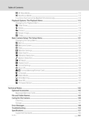 Page 12
x
Ta b l e  o f  C o n t e n t s
GAF-Area Mode................................................................................................................... .......................... 110
I Autofocus Mode ................................................................................................................. ...................... 113
Functions that Cannot be Applied Simultaneously .................................................................... 114
Playback Options: The Playback Menu...