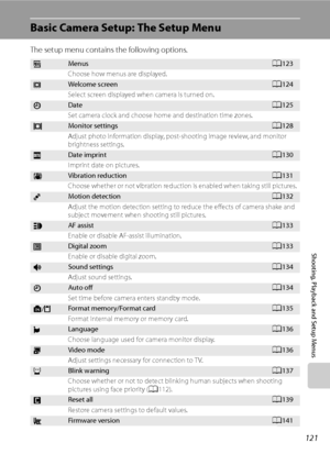 Page 133
121
Shooting, Playback and Setup Menus
Basic Camera Setup: The Setup Menu
The setup menu contains the following options.
aMenusA123
Choose how menus are displayed.
cWe lcome  scre enA 124
Select screen displayed when camera is turned on.
dDateA 125
Set camera clock and choose home and destination time zones.
eMonitor settingsA 128
Adjust photo information display, post-shooting image review, and monitor 
brightness settings.
fDate imprintA 130
Imprint date on pictures.
gVibration reductionA 131
Choose...