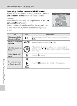Page 150
138
Basic Camera Setup: The Setup Menu
Shooting, Playback and Setup Menus
Operating the Did someone blink? ScreenWhen the camera detects a blinking human subject, the 
Did someone blink? screen will appear on the 
monitor. 
The following operations can be performed in the  Did 
someone blink?  screen.
If no operations are performed for a few seconds, the 
screen automatically returns to the shooting mode 
screen.
ToUseDescription
Enlarge and display 
the detected faceg ( i ) Zoom increases each time the...