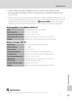 Page 171
159
Specifications
Technical Notes
•Unless otherwise stated, all figures are for a camera with a fully-charged 
Rechargeable Li-ion Battery EN-EL12 operated at an ambient temperature of 
25 °C (77 °F).
* Based on Camera and Imaging Products Association (CIPA) standards for measuring the life 
of camera batteries. Measured at 23 (±2) °C (73 (±4) °F); zoom adjusted with each shot, flash 
fired with every other shot, image mode set to  INormal (4000) . Battery life may vary 
depending on shooting interval...