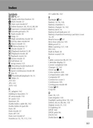 Page 173
161
Technical Notes
Index
SymbolsR 47
k  Apply selection button 10
A  Auto mode 22
F  Auto sort mode 67
l  Delete button 28, 29, 63, 80, 84
o  Exposure compensation 34
h  Favorite pictures 70
m  Flash mode 30
j  Help 13
B  High sensitivity mode 50
C  List by date mode 64
p  Macro mode 33
d  Menu button 12
D  Movie mode 77
c  Playback button 9, 28
c  Playback mode 28
i  Playback zoom 56
C  Scene mode 35
n  Self timer 32
z  Setup menu 121
A  Shooting mode button 8
a  Smile mode 52
d  Sport continuous mode...