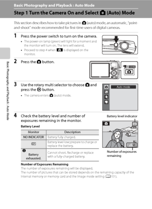 Page 34
22
Basic Photography and Playback : Auto Mode
Basic Photography and Playback : Auto Mode
Step 1 Turn the Camera On and Select A (Auto) Mode
This section describes how to take pictures in A (auto) mode, an automatic, “point-
and-shoot” mode recommended for first-time users of digital cameras. 
1Press the power switch to turn on the camera.
• The power-on lamp (green) will light for a moment and 
the monitor will turn on. The lens will extend.
• Proceed to step 4 when  A is displayed on the 
monitor....