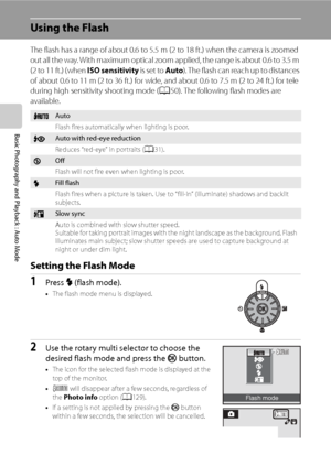 Page 42
30
Basic Photography and Playback : Auto Mode
Using the Flash
The flash has a range of about 0.6 to 5.5 m (2 to 18 ft.) when the camera is zoomed 
out all the way. With maximum optical zoom applied, the range is about 0.6 to 3.5 m 
(2 to 11 ft.) (when 
ISO sensitivity is set to Auto). The flash can reach up to distances 
of about 0.6 to 11 m (2 to 36 ft.) for wide, and about 0.6 to 7.5 m (2 to 24 ft.) for tele 
during high sensitivity shooting mode (
A50). The following flash modes are 
available....