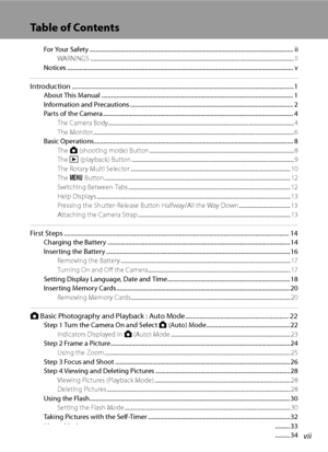 Page 9
vii
Table of Contents
For Your Safety ........................................................................................................................................ ii
WARNINGS ....................................................................................................................... ........................................... ii
Notices ...........................................................................................................................