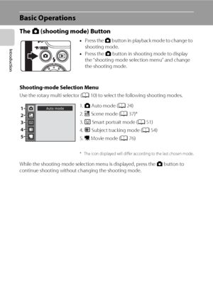 Page 208
Introduction
Basic Operations
The A (shooting mode) Button
Shooting-mode Selection Menu
Use the rotary multi selector (A10) to select the following shooting modes.
While the shooting-mode selection menu is displayed, press the A button to 
continue shooting without changing the shooting mode.•Press the A button in playback mode to change to 
shooting mode.
•Press the A button in shooting mode to display 
the “shooting-mode selection menu” and change 
the shooting mode.
1. AAuto mode (A24)
2. xScene...