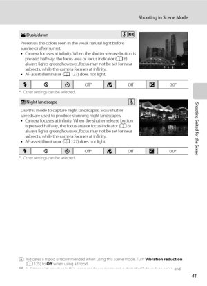 Page 5341
Shooting in Scene Mode
Shooting Suited for the Scene
* Other settings can be selected.
* Other settings can be selected.
O: Indicates a tripod is recommended when using this scene mode. Turn Vibration reduction 
(A125) to Off when using a tripod.
Q: Indicates pictures shot in this scene mode are processed automatically to reduce noise, and 
therefore may take more time to save.
iDusk/dawn
Preserves the colors seen in the weak natural light before 
sunrise or after sunset.
•Camera focuses at infinity....