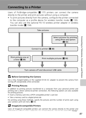 Page 10187
Connecting to Televisions, Computers, and Printers
Connecting to a Printer
Users of PictBridge-compatible (c177) printers can connect the camera
directly to the printer and print pictures without using a computer.
• To print pictures directly from the camera, configure the printer connected
to the computer as a profile device for wireless transfer mode (c130).
You can also use the optional PD-10 wireless printer adapter in wireless
transfer mode (c158).
jBefore Connecting the Camera
Use a fully...