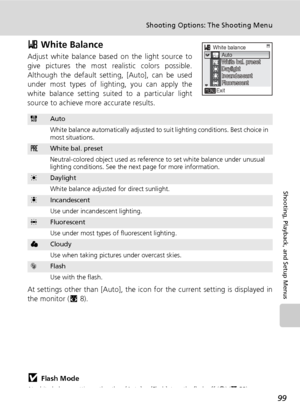 Page 11399
Shooting Options: The Shooting Menu
Shooting, Playback, and Setup Menus
d White Balance
Adjust white balance based on the light source to
give pictures the most realistic colors possible.
Although the default setting, [Auto], can be used
under most types of lighting, you can apply the
white balance setting suited to a particular light
source to achieve more accurate results.
At settings other than [Auto], the icon for the current setting is displayed in
the monitor (c8).
jFlash Mode
At white-balance...