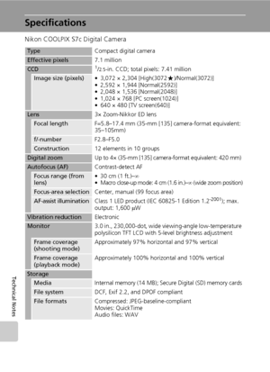 Page 192178
Technical Notes
Specifications
Nikon COOLPIX S7c Digital Camera
TypeCompact digital camera
Effective pixels7.1 million
CCD1/2.5-in. CCD; total pixels: 7.41 million
Image size (pixels)• 3,072 × 2,304 [High(3072A)/Normal(3072)]
• 2,592 × 1,944 [Normal(2592)]
• 2,048 × 1,536 [Normal(2048)]
• 1,024 × 768 [PC screen(1024)]
• 640 × 480 [TV screen(640)]
Lens3× Zoom-Nikkor ED lens
Focal lengthF=5.8–17.4 mm (35-mm [135] camera-format equivalent: 
35–105mm)
f/-numberF2.8–F5.0
Construction12 elements in 10...