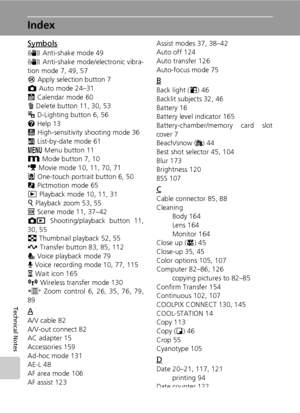 Page 196182
Technical Notes
Index
Symbols
F Anti-shake mode 49
F Anti-shake mode/electronic vibra-
tion mode 7, 49, 57
d Apply selection button 7
L Auto mode 24–31
J Calendar mode 60
T Delete button 11, 30, 53
i D-Lighting button 6, 56
l Help 13
K High-sensitivity shooting mode 36
L List-by-date mode 61
m Menu button 11
D Mode button 7, 10
T Movie mode 10, 11, 70, 71
m One-touch portrait button 6, 50
P Pictmotion mode 65
i Playback mode 10, 11, 31
k Playback zoom 53, 55
n Scene mode 11, 37–42
o Shooting/playback...