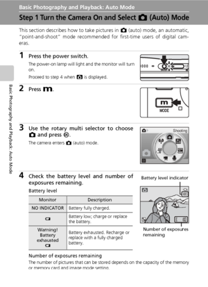 Page 3824
Basic Photography and Playback: Auto Mode
Basic Photography and Playback: Auto Mode
Step 1 Turn the Camera On and Select L (Auto) Mode
This section describes how to take pictures in L (auto) mode, an automatic,
“point-and-shoot” mode recommended for first-time users of digital cam-
eras.
1Press the power switch.
The power-on lamp will light and the monitor will turn
on.
Proceed to step 4 when M is displayed.
2Press D.
3Use the rotary multi selector to choose
L and press d.
The camera enters L (auto)...