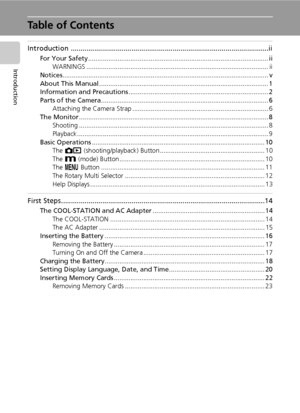 Page 10viii
Introduction
Table of Contents
Introduction .....................................................................................................ii
For Your Safety .................................................................................................. ii
WARNINGS ................................................................................................... ii
Notices................................................................................................................ v...