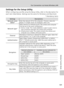 Page 155141
For Connection via Home Wireless LAN
Wireless Transfer Mode
Settings for the Setup Utility 
When configuring a profile using the Setup Utility, refer to the description for
each item listed below. Settings are the same for Windows and Macintosh.
* Mandatory items
SettingsDescriptions
Network name 
(SSID)*Enter the network ID for the computer. Choose a value dis-
played. If multiple values are displayed, select one.
Network type*Select [Ad-hoc] or [Infrastructure]. The camera and computer 
must be set...