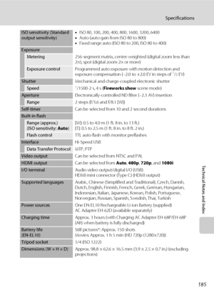 Page 197185
Specifications
Technical Notes and Index
ISO sensitivity (Standard 
output sensitivity)•ISO 80, 100, 200, 400, 800, 1600, 3200, 6400
•Auto (auto gain from ISO 80 to 800)
•Fixed range auto (ISO 80 to 200, ISO 80 to 400)
Exposure
Metering256-segment matrix, center-weighted (digital zoom less than 
2×), spot (digital zoom 2× or more)
Exposure controlProgrammed auto exposure with motion detection and 
exposure compensation (–2.0 to  +2.0 EV in steps of 1/3 EV)
ShutterMechanical and charge-coupled...