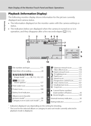 Page 2210
Main Display of the Monitor/Touch Panel and Basic Operations
Introduction
Playback (Information Display)
The following monitor display shows information for the picture currently 
displayed and camera status.
•The information displayed on the monitor varies with the camera settings or 
status.
•The indicators below are displayed when the camera is turned on or is in 
operation, and they disappear after a few seconds elapse (A151).
1Indicators displayed vary depending on the setting for shooting.2The...
