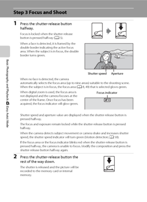 Page 4028
Basic Photography and Playback: G (Easy Auto) Mode
Step 3 Focus and Shoot
1Press the shutter-release button 
halfway.
Focus is locked when the shutter-release 
button is pressed halfway (A5).
When a face is detected, it is framed by the 
double border indicating the active focus 
area. When the subject is in focus, the double 
border turns green.
When no face is detected, the camera 
automatically selects the focus area (up to nine areas) suitable to the shooting scene. 
When the subject is in focus,...