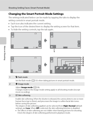 Page 8674
Shooting Smiling Faces (Smart Portrait Mode)
More on Shooting
Changing the Smart Portrait Mode Settings
The settings indicated below can be made by tapping the tabs to display the 
setting controls in smart portrait mode.
•Each icon also indicates the current setting.
•Tap the icon of the desired item to display the setting screen for that item.
•To hide the setting controls, tap the tab again.
1m Flash mode
Set the flash mode (A33) when taking pictures in smart portrait mode.
2A Image mode
Adjust...