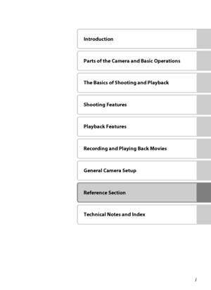 Page 3i
Introduction
Parts of the Camera and Basic Operations
The Basics of Shooting and Playback
Shooting Features
Playback Features
Recording and Playing Back Movies
General Camera Setup
Reference Section
Technical Notes and Index
Downloaded From camera-usermanual.com Nikon Manuals 