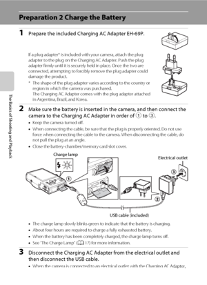 Page 3216
The Basics of Shooting and Playback
Preparation 2 Charge the Battery
1Prepare the included Charging AC Adapter EH-69P.
If a plug adapter* is included with your camera, attach the plug 
adapter to the plug on the Charging AC Adapter. Push the plug 
adapter firmly until it is securely held in place. Once the two are 
connected, attempting to forcibly remove the plug adapter could 
damage the product.
* The shape of the plug adapter varies according to the country or 
region in which the camera was...