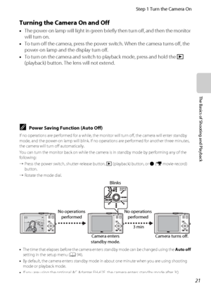 Page 3721
Step 1 Turn the Camera On
The Basics of Shooting and Playback
Turning the Camera On and Off
•The power-on lamp will light in green briefly then turn off, and then the monitor 
will turn on.
•To turn off the camera, press the power switch. When the camera turns off, the 
power-on lamp and the display turn off.
•To turn on the camera and switch to playback mode, press and hold the c 
(playback) button. The lens will not extend.
CPower Saving Function (Auto Off)
If no operations are performed for a...