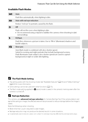 Page 7357
Features That Can Be Set Using the Multi Selector
Shooting Features
Available Flash Modes
UAuto
Flash fires automatically when lighting is dim.
VAuto with red-eye reduction
Reduce “red-eye” in portraits caused by the flash.
WOff
Flash will not fire even when lighting is dim.
•We recommend using a tripod to stabilize the camera when shooting in dark 
surroundings.
XFill flash
Flash fires whenever a picture is taken. Use to “fill-in” (illuminate) shadows and 
backlit subjects.
YSlow sync
Auto flash mode...