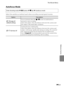 Page 171
E59
The Movie Menu
Reference Section
Autofocus Mode
Select the autofocus method used wh en recording normal speed movies.
Enter shooting mode M d  button  M D  tab  M Autofocus mode
OptionDescription
A  Single AF 
(default setting) Focus is locked when the 
b(e movie-record) button is 
pressed to start recording.
Select this option when the di stance between the camera and 
the subject will remain fairly consistent.
B  Full-time AF Camera focuses continuously.
Select this option when the di
stance...