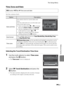 Page 173E61
The Setup Menu
Reference Section
Time Zone and Date
Set the camera clock.
Selecting the Travel Destination Time Zone
1Use the multi selector to select Time zone 
and press the k button.
•The Time zone screen is displayed.
2Select xTravel destination and press the 
k button.
•The date and time displayed in the monitor changes 
according to the region currently selected. d button M z tab M Time zone and date
OptionDescription
Date and timeSet camera clock to current date and 
time.
Use the multi...