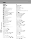 Page 222Technical Notes and Index
F20
Index
Symbols
R E6
g (tele) 27
f (wide) 27
b (e movie-record) button 4, 5
d button 4, 5, 11, 37, 91, 94
k Apply selection button 5, 10
A Auto mode 24, 36
W Backlighting 42
C Continuous shooting mode 50, 52
l Delete button 4, 5, 32, E51
o Exposure compensation 68
X Flash mode 56
j Help 39
h Image thumbnail display 31
p Macro mode 64
j Night landscape 41
O Pet portrait 43
c Playback button 4, 5, 9, 30
c Playback menu 80, E43
i Playback zoom 31
C Scene 39
x Scene auto selector...