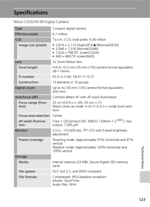 Page 135123
Technical Notes
Specifications
Nikon COOLPIX S9 Digital Camera
TypeCompact digital camera
Effective pixels6.1 million
CCD1/2.5-in. CCD; total pixels: 6.36 million
Image size (pixels)• 2,816 × 2,112 [High(2816A)/Normal(2816)]
• 2,048 × 1,536 [Normal(2048)]
• 1,024 × 768 [PC screen(1024)]
• 640 × 480 [TV screen(640)]
Lens3× Zoom-Nikkor lens
Focal lengthF=6.4–19.2 mm (35-mm [135] camera-format equivalent: 
38–114mm)
f/-numberf/3.5–4.3 (W), f/4.41–7.15 (T)
Construction13 elements in 10 groups
Digital...