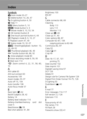 Page 139127
Technical Notes
Index
Symbols
L Auto mode 20–27
T Delete button 10, 26, 47
i D-Lighting button 4, 50
l Help 11
m Menu button 5, 10
p Mode button 5, 9
T Movie mode 9, 10, 53, 54
d OK (center) button 8
m One-touch portrait button 4, 44
i Playback mode 8, 9, 10, 27
k Playback zoom 47, 49
n Scene mode 10, 32–37
o Shooting/playback button 10,
26, 49–52
j Thumbnail playback 46, 49
E Transfer button 64, 66, 92
q Voice playback mode 60
O Voice recording mode 9, 59, 95
y Wait icon 114
x Zoom control 4, 22,...