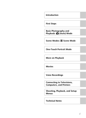 Page 3i
Introduction
First Steps
Basic Photography and 
Playback: L (Auto) Mode
Scene Modes: n Scene Mode
One-Touch Portrait Mode
More on Playback
Movies
Voice Recordings
Connecting to Televisions, 
Computers, and Printers
Shooting, Playback, and Setup 
Menus
Technical Notes
Downloaded From camera-usermanual.com Nikon Manuals 