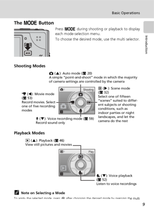 Page 219
Basic Operations
Introduction
The p Button
Press p during shooting or playback to display
each mode-selection menu.
To choose the desired mode, use the multi selector.
Shooting Modes
Playback Modes
kNote on Selecting a Mode
To apply the selected mode, press d after choosing the desired mode by pressing the multi
selector GHIJ.
Shooting
L (G): Auto mode (c20)
A simple “point-and-shoot” mode in which the majority 
of camera settings are controlled by the camera
T (I): Movie mode 
(c53)
Record movies....