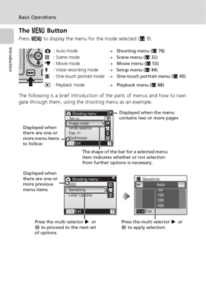 Page 2210
Basic Operations
Introduction
The m Button
Press m to display the menu for the mode selected (c9).
The following is a brief introduction of the parts of menus and how to navi-
gate through them, using the shooting menu as an example.
L: Auto mode→Shooting menu (c76)
n: Scene mode→Scene menu (c32)
T: Movie mode→Movie menu (c53)
O: Voice recording mode→Setup menu (c94)
m: One-touch portrait mode→One-touch portrait menu (c45)
i: Playback mode→Playback menu (c88)
Shooting menu
Exit Set up
Image mode
White...