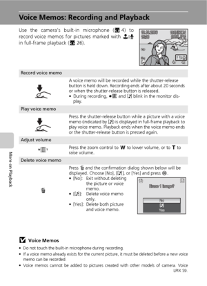 Page 6452
More on Playback
Voice Memos: Recording and Playback
Use the camera’s built-in microphone (c4) to
record voice memos for pictures marked with N:O
in full-frame playback (c26).
jVoice Memos
• Do not touch the built-in microphone during recording.
• If a voice memo already exists for the current picture, it must be deleted before a new voice
memo can be recorded.
• Voice memos cannot be added to pictures created with other models of camera. Voice
memos recorded using other models of camera cannot be...