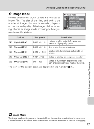 Page 8977
Shooting Options: The Shooting Menu
Shooting, Playback, and Setup Menus
Z Image Mode
Pictures taken with a digital camera are recorded as
image files. The size of the files, and with it the
number of images that can be recorded, depends
on the size and quality of the images. Before shoot-
ing, choose an image mode according to how you
plan to use the picture.
The icon for the current setting is displayed in the monitor (c6).
lImage Mode
The image mode setting can also be applied from the one-touch...