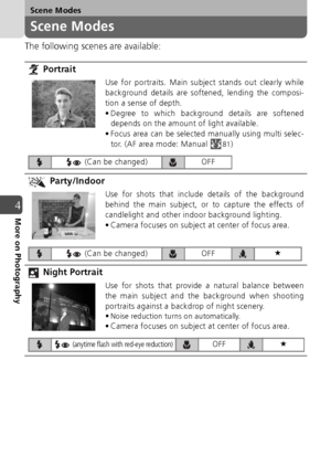 Page 4848
Scene Modes
4More on Photography
Scene Modes
The following scenes are available: Portrait
Use for portraits. Main subject stands out clearly while
background details are softened, lending the composi-
tion a sense of depth.
• Degree to which background details are softeneddepends on the amount of light available.
• Focus area can be selected manually using multi selec- tor. (AF area mode: Manual 
81)
 Party/Indoor
Use for shots that include details of the background
behind the main subject, or to...