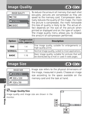 Page 7474
7The Shooting Menu
Image Quality(• )
To reduce the amount of memory that each shot
occupies, pictures are compressed as they are
saved to the memory card. Compression selec-
tively reduces the quality of the image; the more
the picture is compressed, the more noticeable
this loss of quality is likely to be. The actual ef-
fect depends on the size of the picture when
printed or displayed and on the type of subject.
The image quality menu allows you to choose
the amount of compression performed. 
Image...